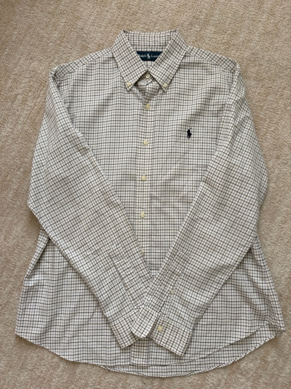 Ralph Lauren Men’s White and Blue Windowpane Button-Down Dress Shirt- Large